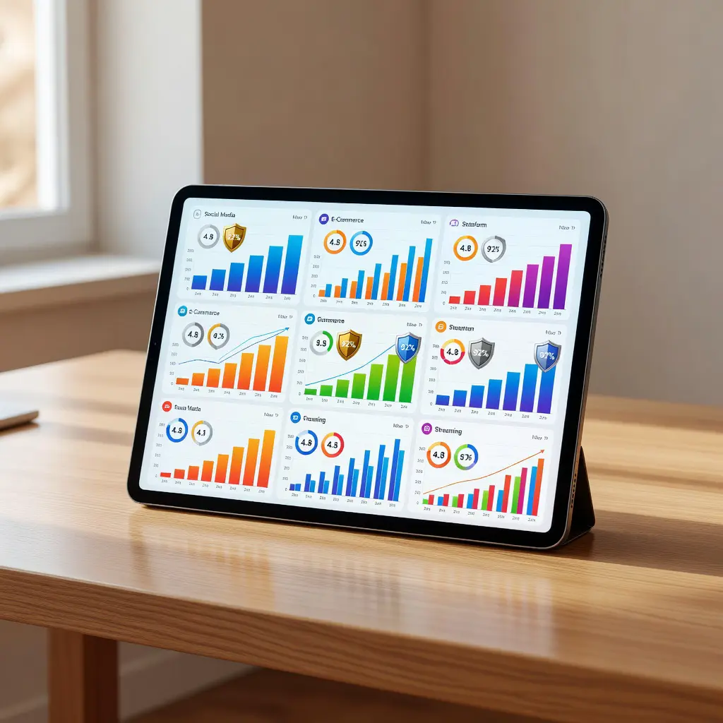 Casino app review ratings displayed as a comparison chart on a screen A tablet on a desk displaying a colorful comparison chart of casino app review ratings with star scores, licensing badge icons, and payout speed indicators across multiple operators