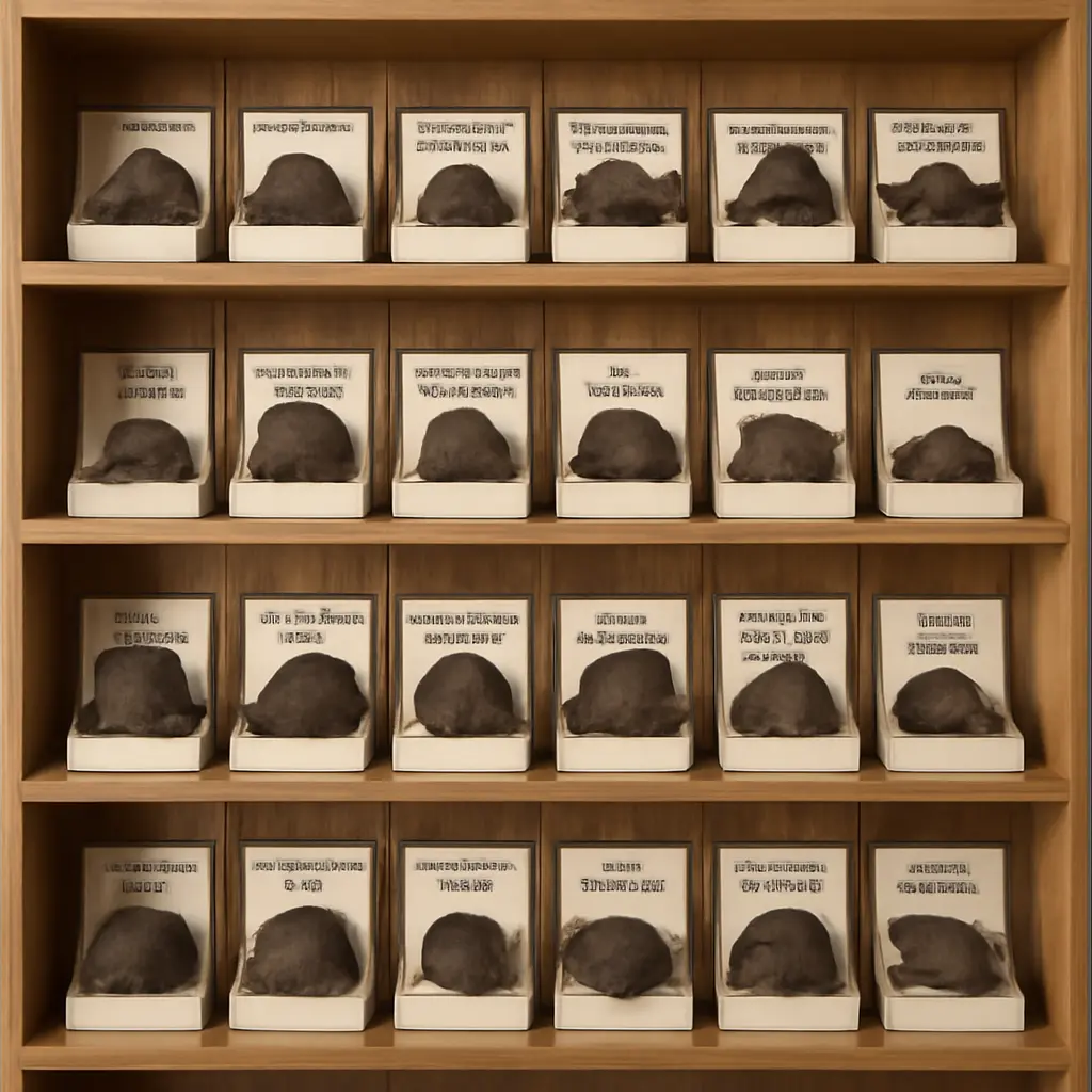 Neatly organized meteorite collection labeled by type on shelves