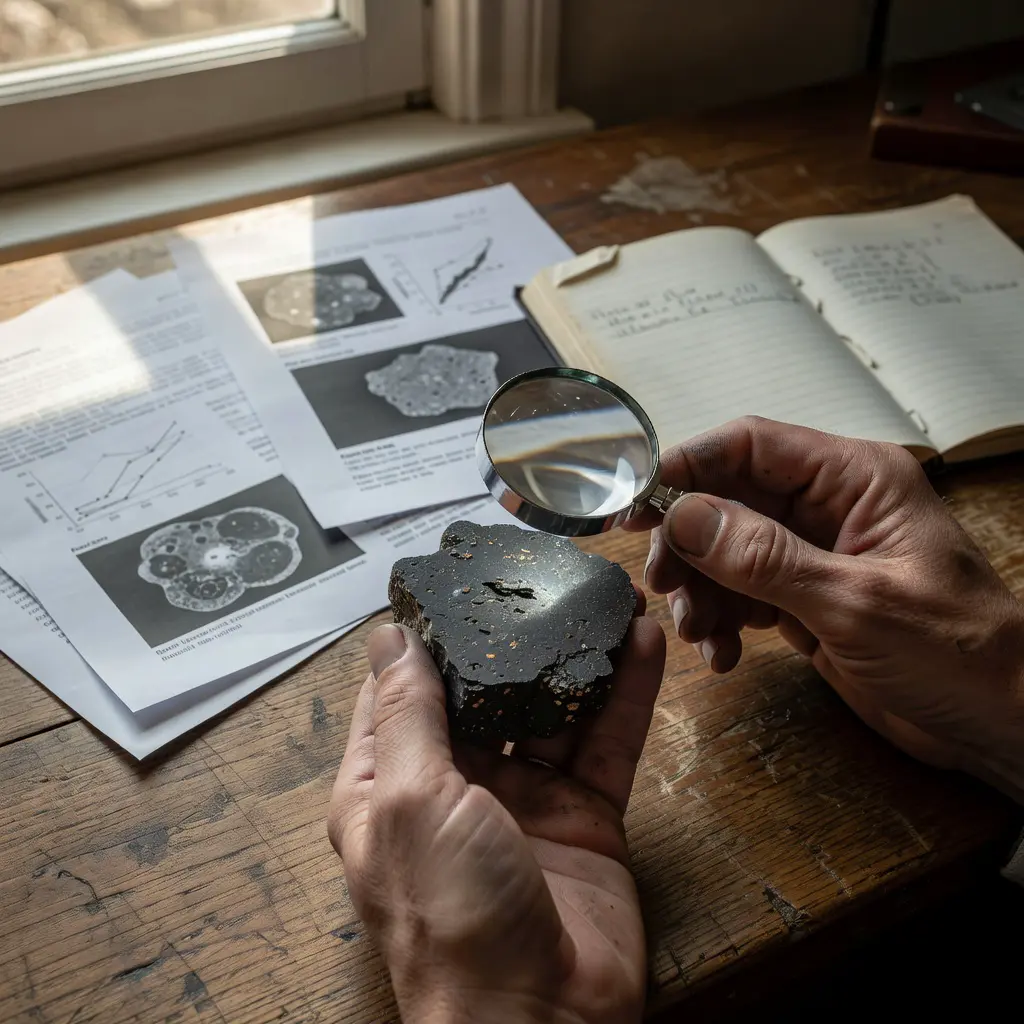 A collector using a jeweler's loupe to examine a meteorite specimen next to printed provenance documentation on a wooden desk