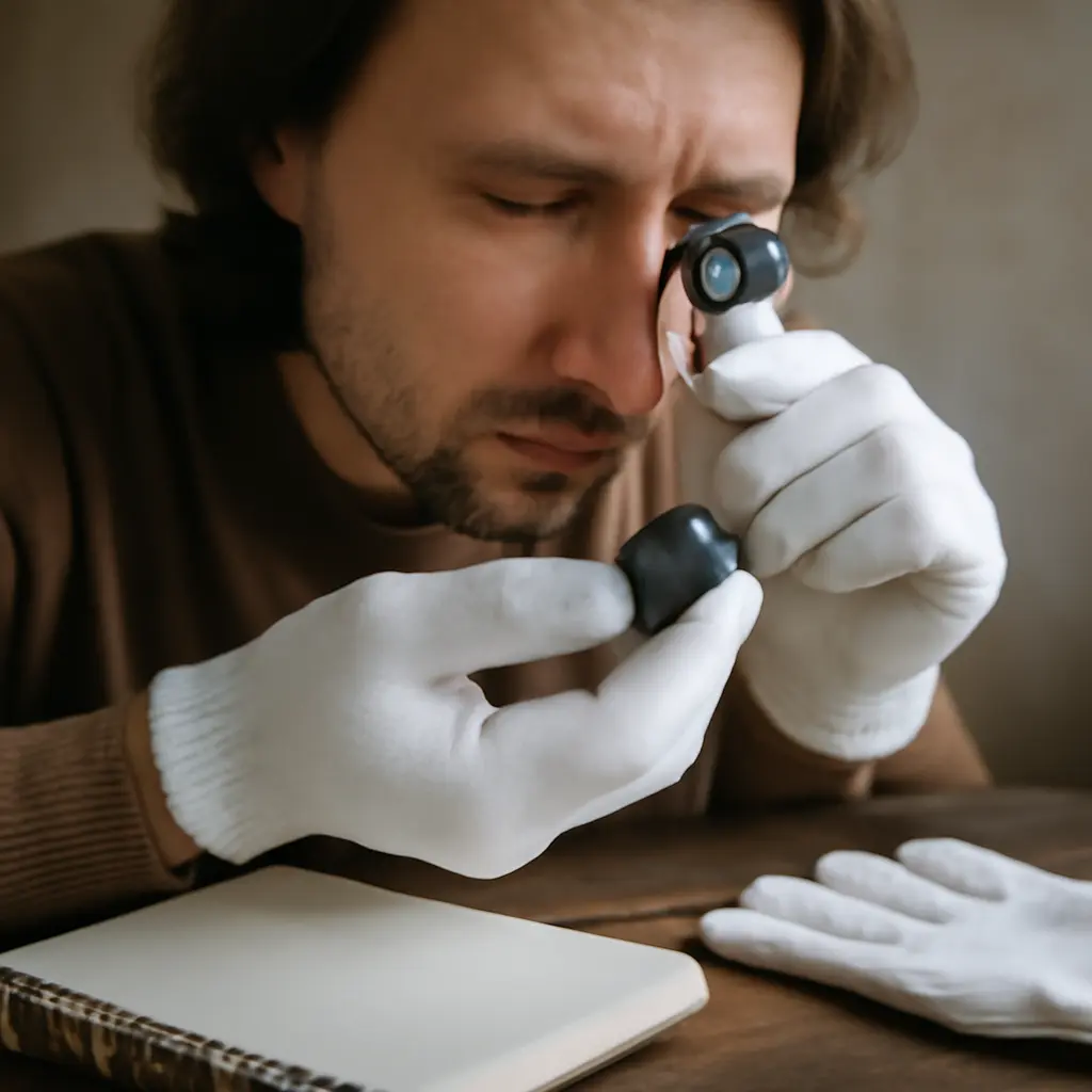 Collector holding meteorite with loupe and notes in background