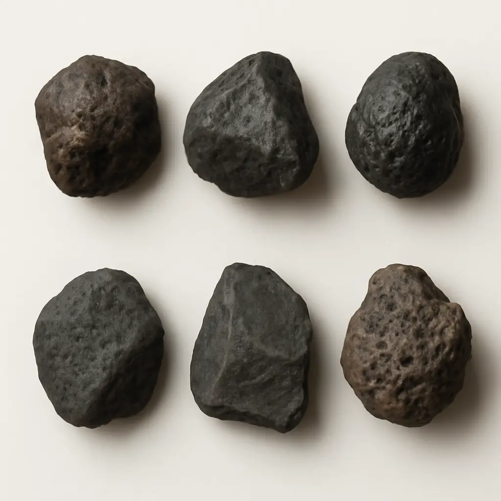 Comparison of meteorite and meteorwrong specimens Side-by-side comparison of an authentic meteorite and common meteorwrong specimens including slag, magnetite, and hematite