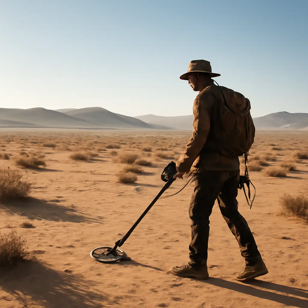 Collector scanning desert for meteorites with metal detector