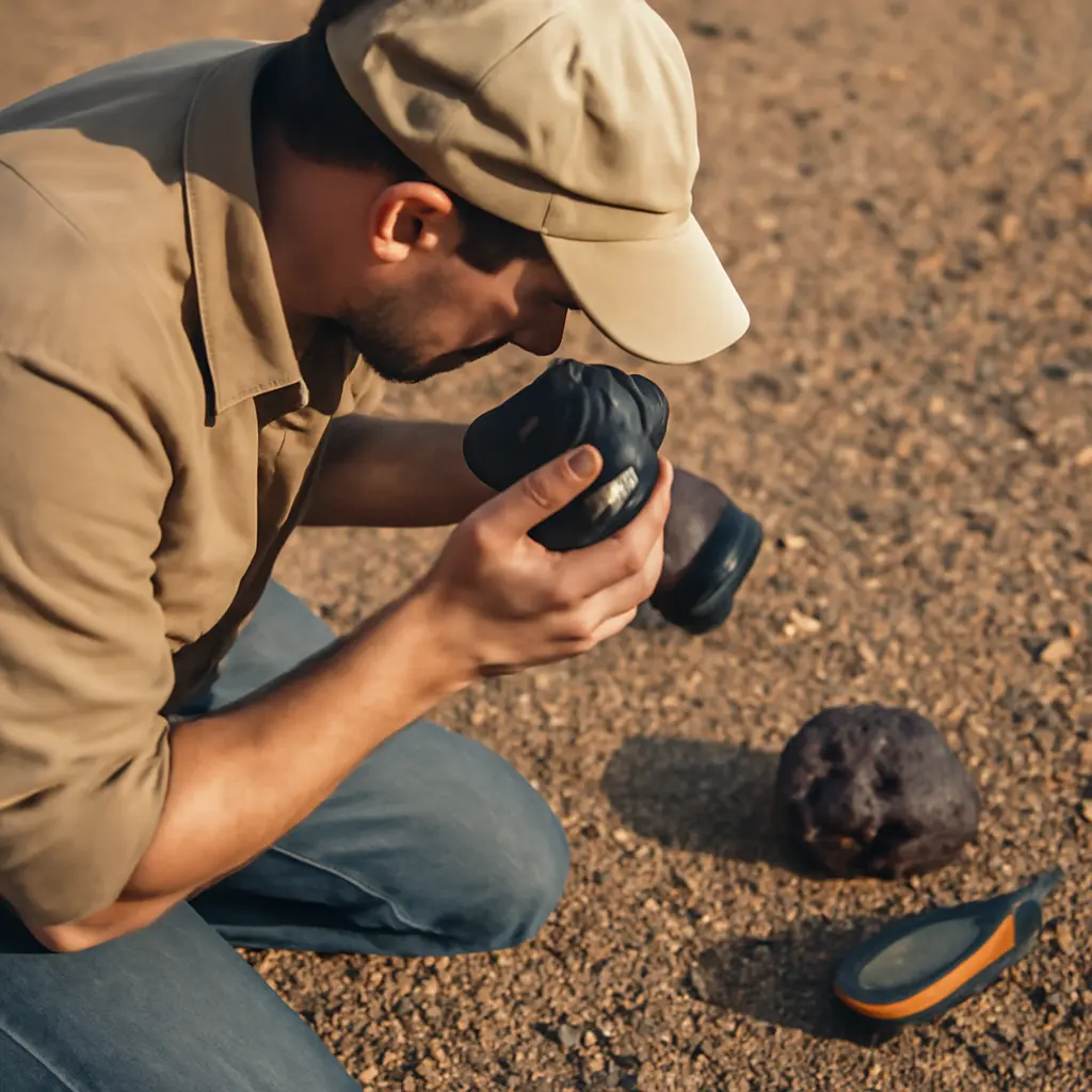 Collector documenting meteorite find with GPS and camera