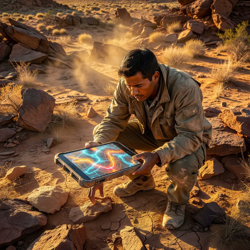 A meteorite hunter crouching in a rocky desert landscape examining a smartphone displaying a fireball trajectory overlay and strewn field probability map