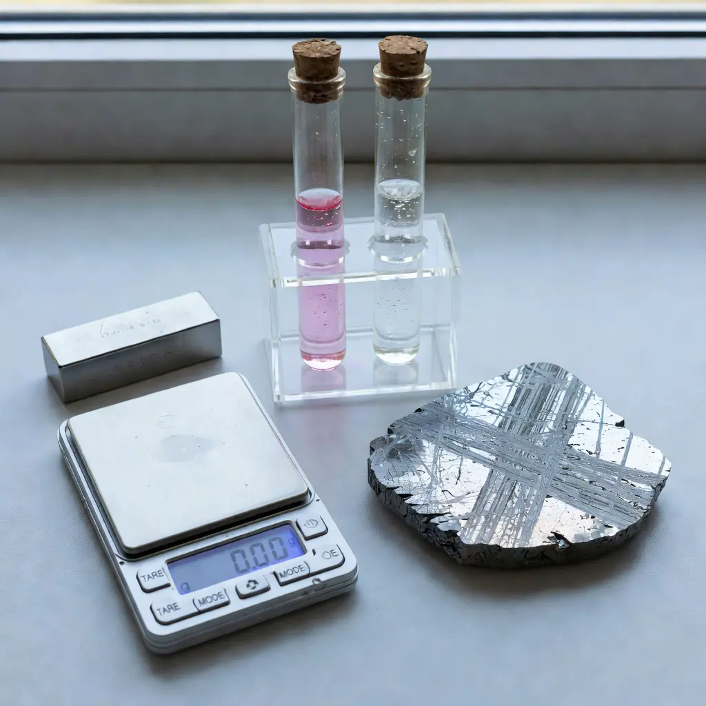 Close-up of meteorite authentication tools including a neodymium magnet, small digital scale, chemical test tubes, and a polished meteorite slice on a wooden surface