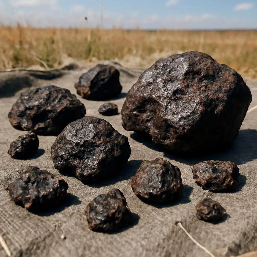 A variety of meteorite fragments laid out on a field tarp for inspection