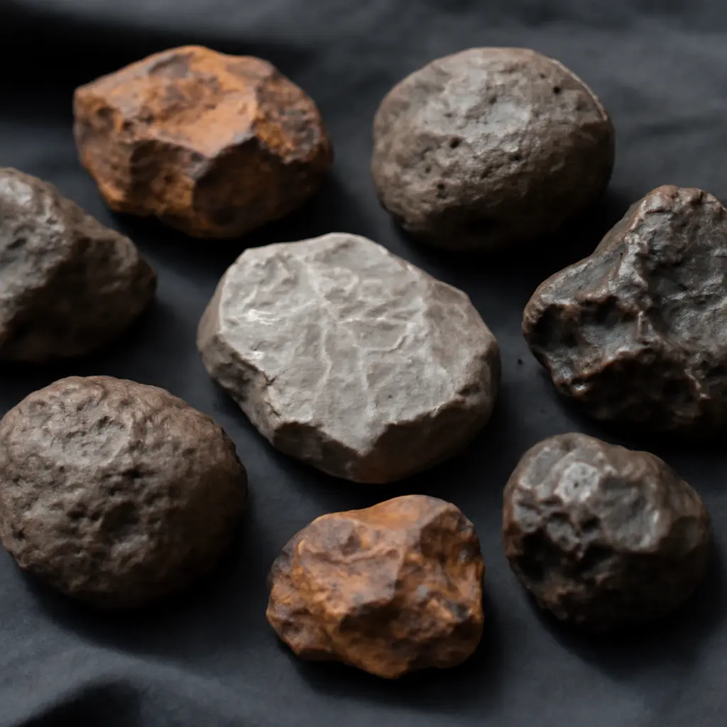 A variety of small meteorite specimens on a dark cloth for examination