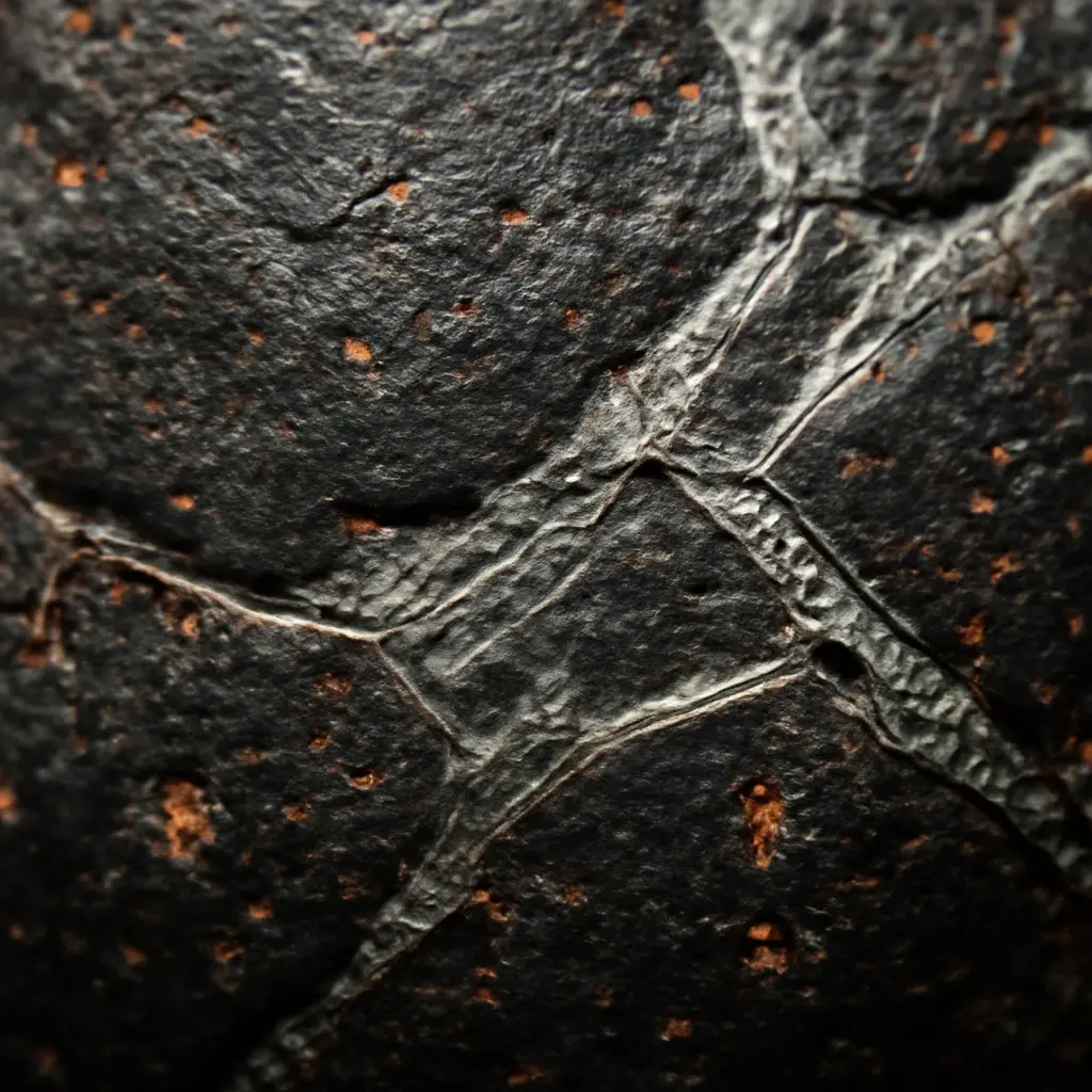 Macro photograph of a meteorite showing fusion crust and internal metal flecks