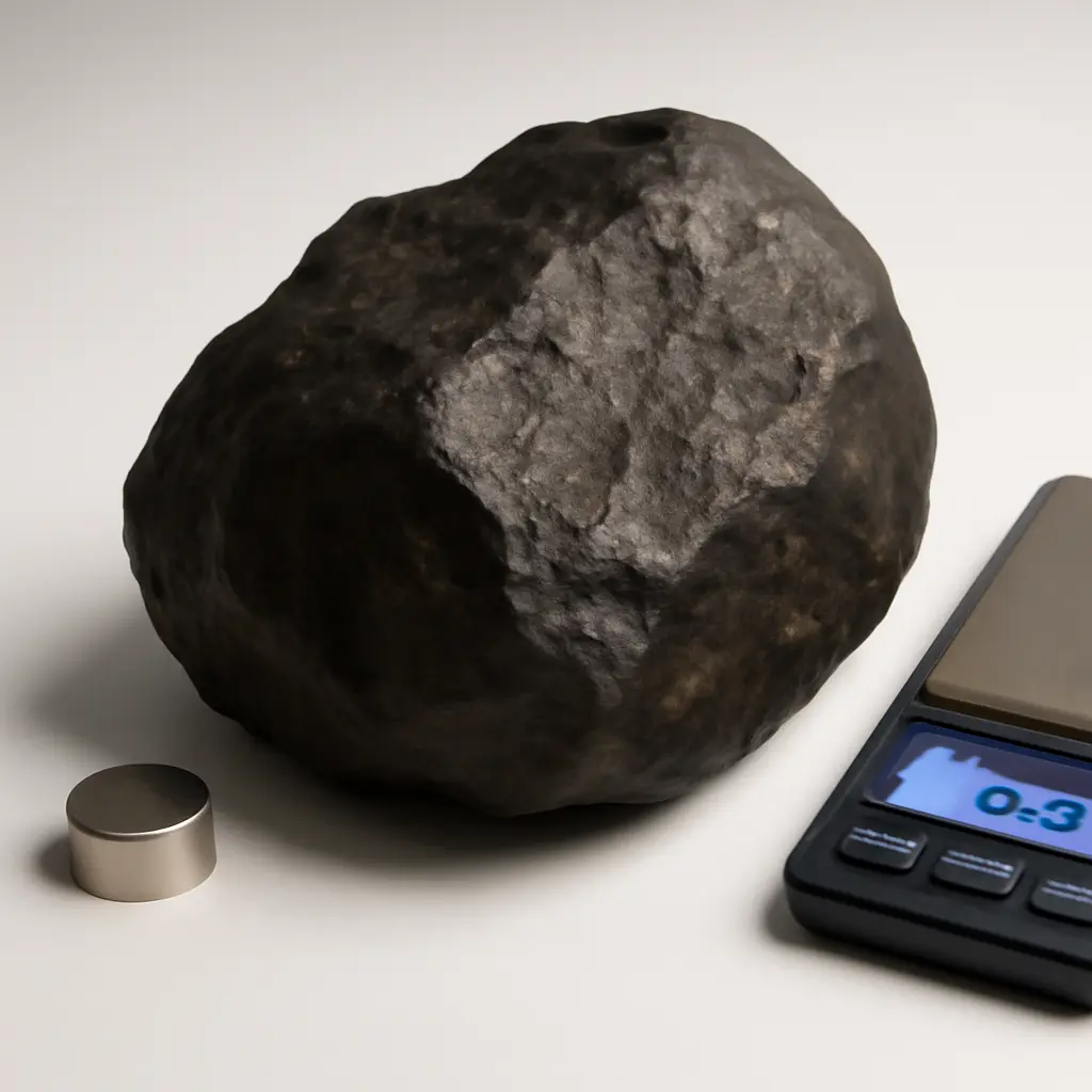 Meteorite specimen on testing surface A dark fusion-crusted meteorite specimen placed on a white laboratory surface next to a magnet and scale for authentication testing