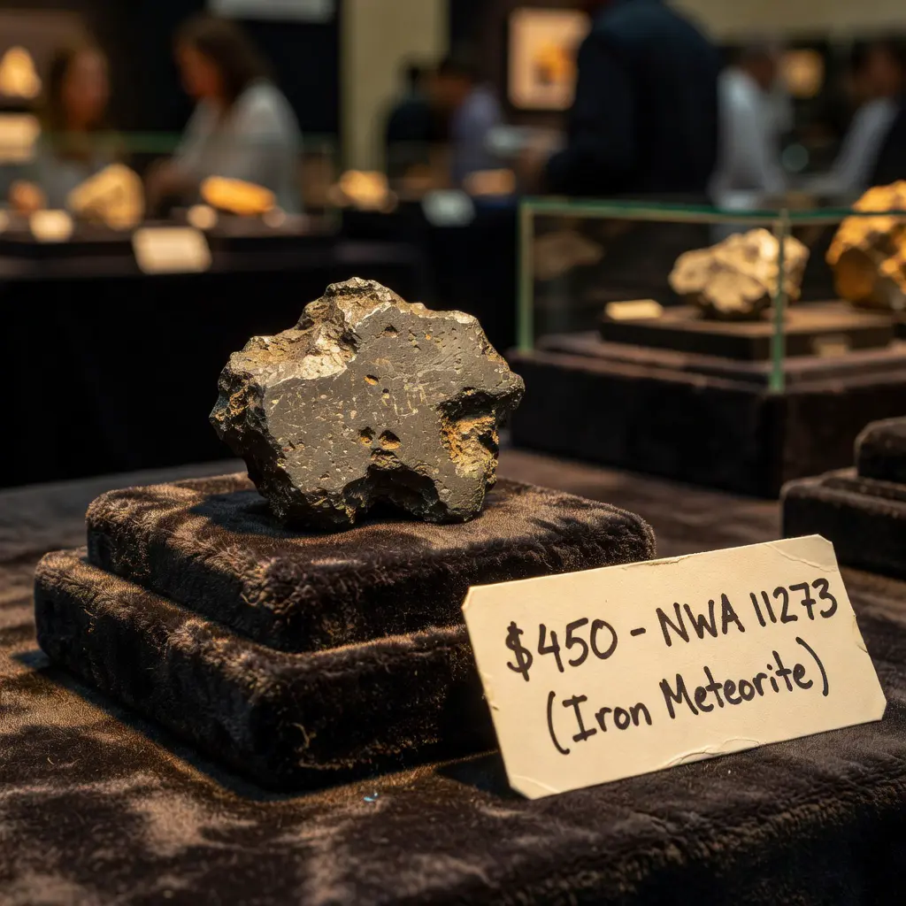A meteorite specimen displayed on a velvet stand at a mineral collector show with a handwritten price tag beside it