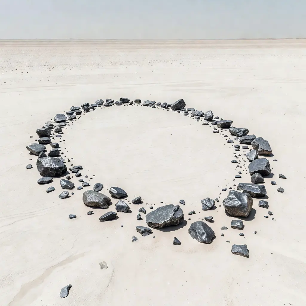Aerial view of an elliptical meteorite strewn field scatter pattern across open desert terrain with dark fragments visible on pale ground