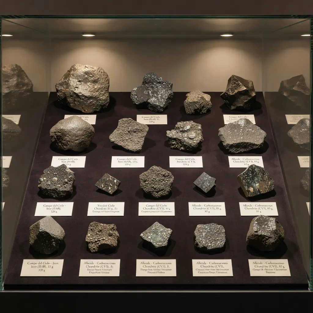 A museum-style glass display case showing a well-organised meteorite collection with labelled iron, stony-iron, and chondrite specimens of varying sizes