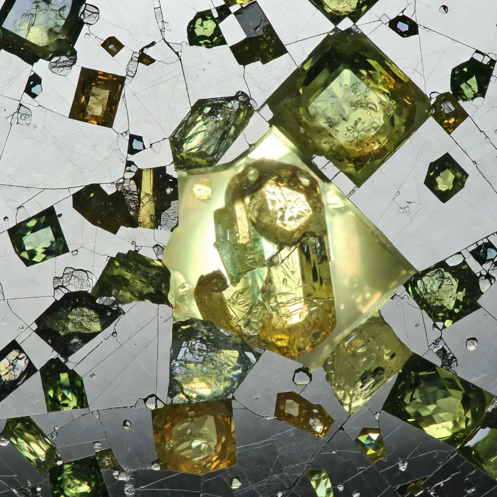 Polished cross-section of a pallasite meteorite slice showing translucent golden-green olivine crystals in metallic iron matrix